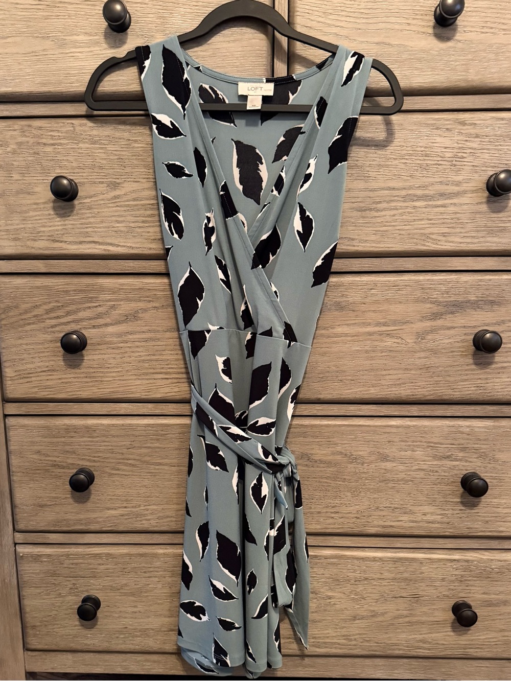 LOFT Slate soft green Sleeveless Faux-Wrap Dress with Black & White Leaf Print